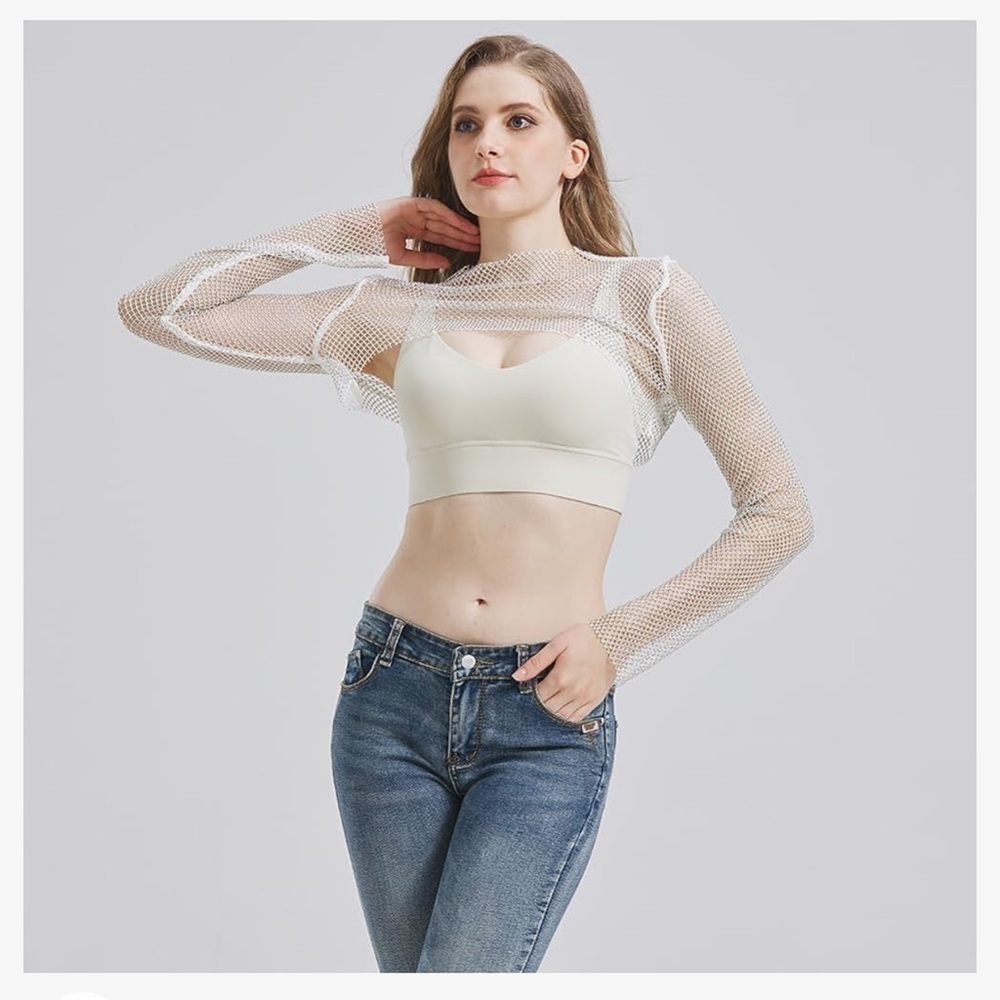 NWT Inzegao Sheer Mesh Shiny Rhinestone Long Sleeve Crop Top